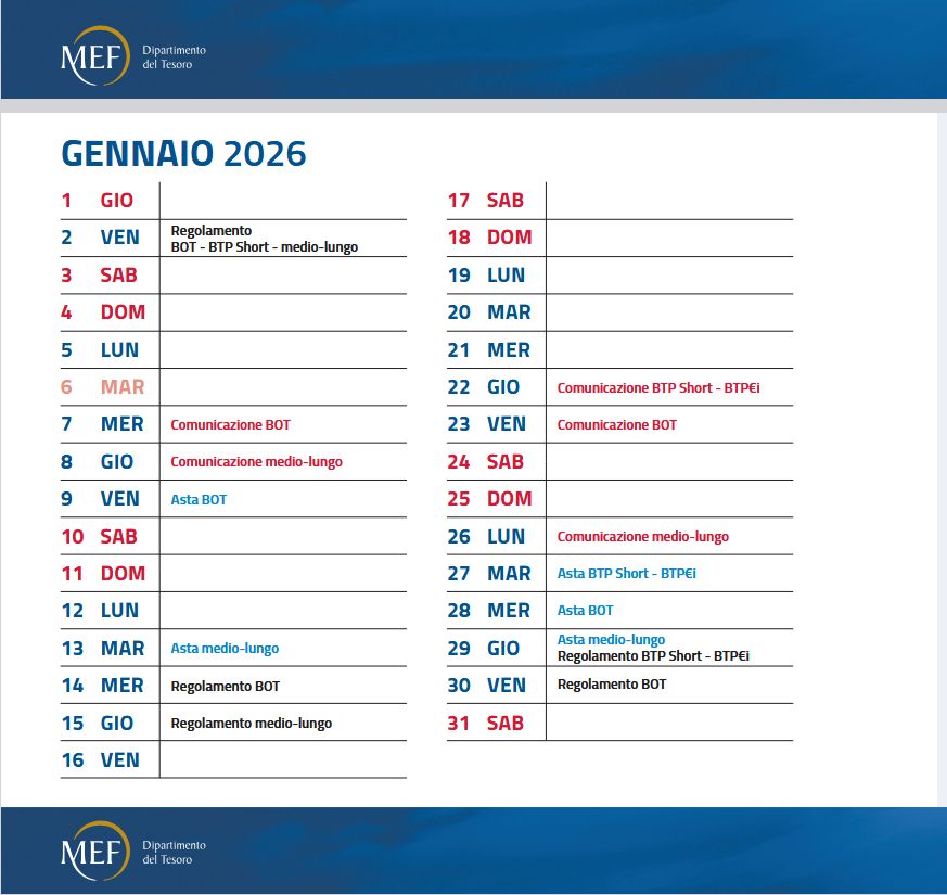 The calendar of Government Bonds arriving in January 2026
