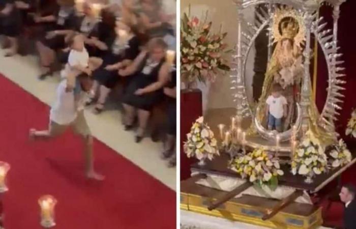 He runs to church with the child on his shoulder and leaves him on the statue of the Madonna: disbelief and then applause