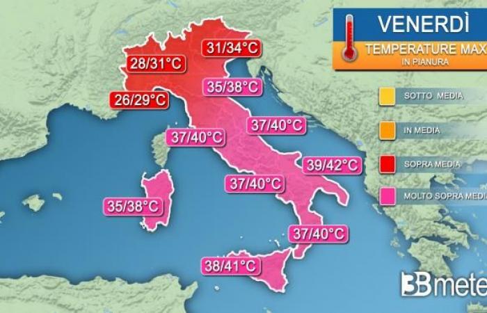 Weather temperatures – Intense heat arriving with peaks of 40/41°C, here’s how the whole week will go. Maps « 3B Weather