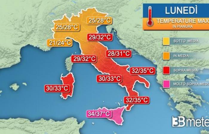 Weather temperatures – Intense heat arriving with peaks of 40/41°C, here’s how the whole week will go. Maps « 3B Weather