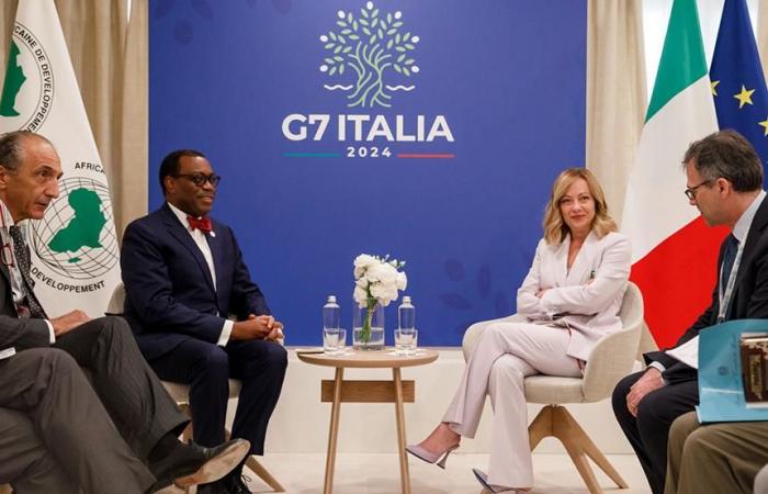 G7 summit, bilateral meeting Meloni – Adesina (President of the African Development Bank)