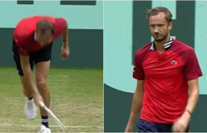try to destroy the racket on the grass, the result is comical