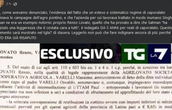 Satnam Singh, Mentana publishes a document from the Latina Prosecutor’s Office: “Lovato’s father has been under investigation for 5 years for gangmastering”