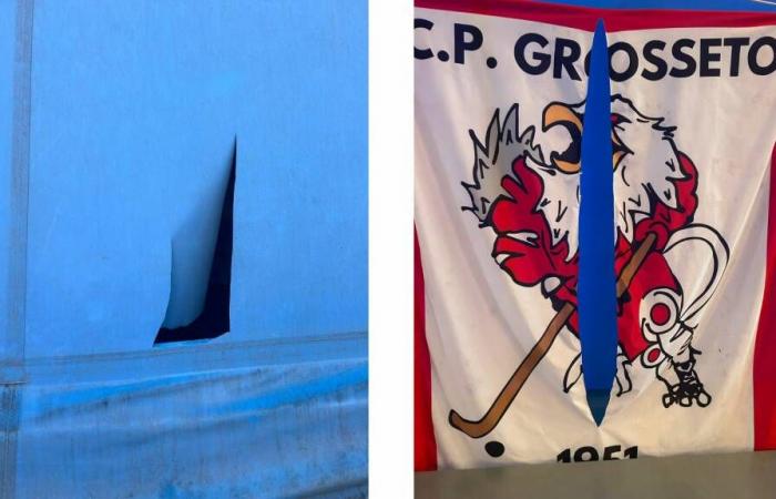Vandals tear up the tensile structure: knife-cut holes and flags