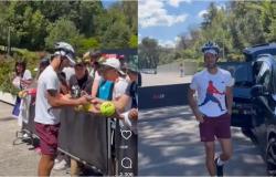 after the accident with the water bottle he shows up at the Forum with his helmet. Video