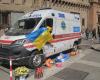 Ukrainian ambulance hit by gunfire during the conflict parked in the center of Bologna