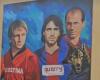 A mural in the “Curva Paradiso” to remember the champions Bergamini, Catena and Marulla